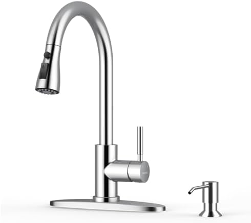 WEWE High-Arc Pull-Down Kitchen Faucet, Brushed Nickel, 3-Mode Sprayer | Soft Silicone Nozzles, Easy to Rub Clean, 360° Swivel, 20-Inch Pull-Down Reach, SUS 304, 1- or 3-Hole Fit, Ceramic Cartridge|B01H3OMH7Y