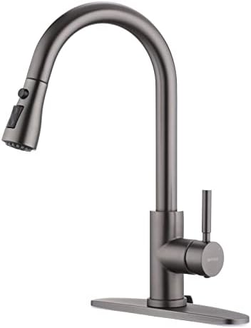 WEWE High-Arc Pull-Down Kitchen Faucet, Brushed Nickel, 3-Mode Sprayer | Soft Silicone Nozzles, Easy to Rub Clean, 360° Swivel, 20-Inch Pull-Down Reach, SUS 304, 1- or 3-Hole Fit, Ceramic Cartridge|B01H3OMH7Y