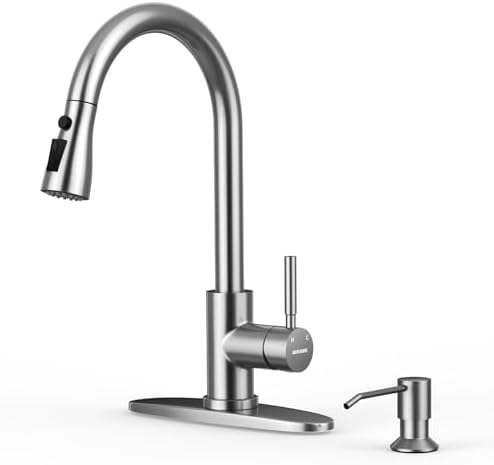 WEWE High-Arc Pull-Down Kitchen Faucet, Brushed Nickel, 3-Mode Sprayer | Soft Silicone Nozzles, Easy to Rub Clean, 360° Swivel, 20-Inch Pull-Down Reach, SUS 304, 1- or 3-Hole Fit, Ceramic Cartridge|B01H3OMH7Y