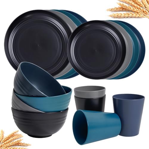 Rubtlamp Wheat Straw Dinnerware Sets, 16PCS Plastic Dinnerware Set for 4, Wheat Straw Plates and Bowls Sets, Unbreakable Dinnerware Plastic Microwave Safe Dishes Set for Kitchen&Camping|B0CJ22C9MB