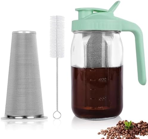 Cold Brew Coffee Maker, 64 oz Mason Jar Pitcher with Stainless Steel Filter, Pour Spout Handle Lid, Airtight & Leak-Proof for Iced Coffee,Tea & Lemonade|B0CGWS1M51