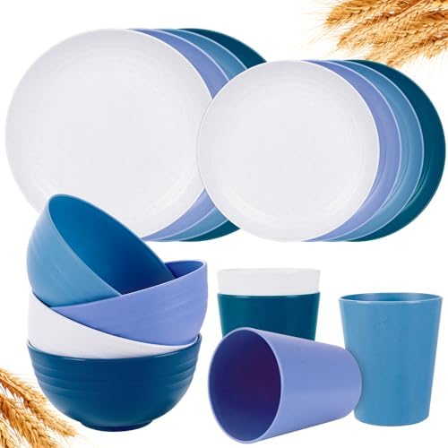 Rubtlamp Wheat Straw Dinnerware Sets, 16PCS Plastic Dinnerware Set for 4, Wheat Straw Plates and Bowls Sets, Unbreakable Dinnerware Plastic Microwave Safe Dishes Set for Kitchen&Camping|B0CJ22C9MB