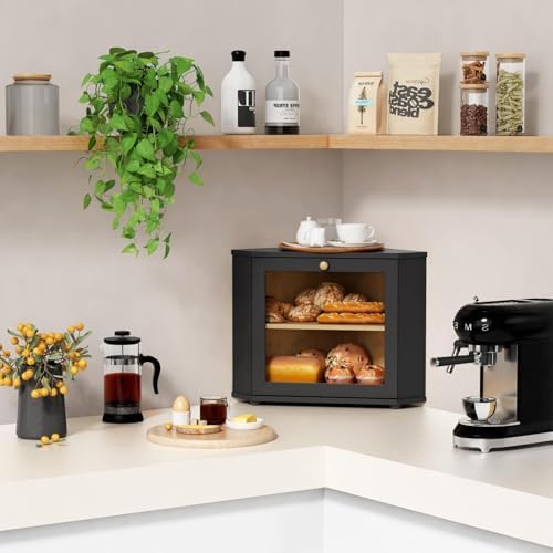 Goozii Corner Bread Box for Kitchen Countertop, Black Bread Storage Container for Homemade Bread, Two Layer Breadbox under Cabinet Mount, Large Bread Holder for Kitchen Counter, Pantry Shelf|B0CP3L9TZW
