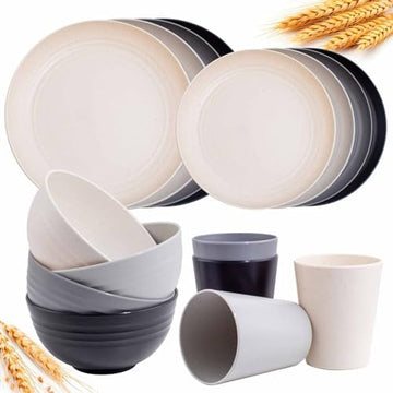 Rubtlamp Wheat Straw Dinnerware Sets, 16PCS Plastic Dinnerware Set for 4, Wheat Straw Plates and Bowls Sets, Unbreakable Dinnerware Plastic Microwave Safe Dishes Set for Kitchen&Camping|B0CJ22C9MB