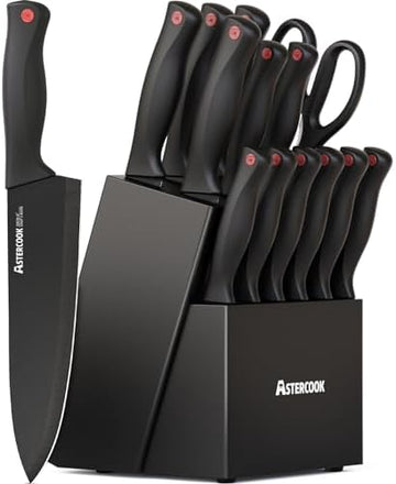 Astercook Knife Set for Kitchen with Block and Sharpener 15pcs German | Stainless Steel Kitchen Utensils Set Dishwasher Safe|B0C1YBPJ43