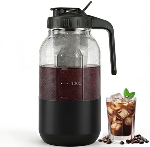 Cold Brew Coffee Maker, 64 oz Mason Jar Pitcher with Stainless Steel Filter, Pour Spout Handle Lid, Airtight & Leak-Proof for Iced Coffee,Tea & Lemonade|B0CGWS1M51