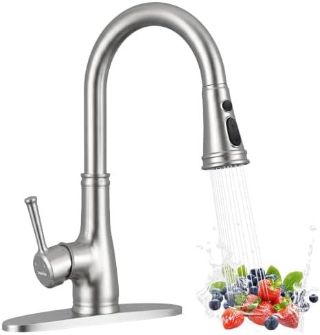 WEWE High-Arc Pull-Down Kitchen Faucet, Brushed Nickel, 3-Mode Sprayer | Soft Silicone Nozzles, Easy to Rub Clean, 360° Swivel, 20-Inch Pull-Down Reach, SUS 304, 1- or 3-Hole Fit, Ceramic Cartridge|B01H3OMH7Y
