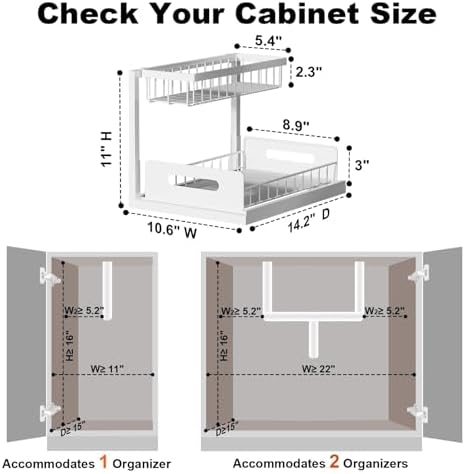 Under Sink Organizer, L-Shaped 2 Tier Pull Out Cabinet Organizer | Slide Out Under Cabinet Storage, For Kitchen and Bathroom, Metal Under Sink Storage with Sliding Drawer, 50 lbs, White 2 Pack|B0CFQFMC4F