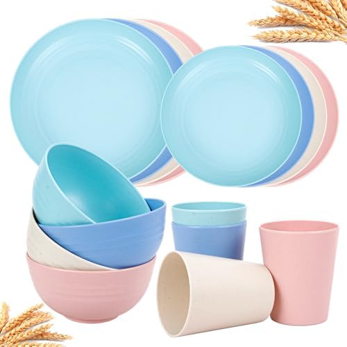 Rubtlamp Wheat Straw Dinnerware Sets, 16PCS Plastic Dinnerware Set for 4, Wheat Straw Plates and Bowls Sets, Unbreakable Dinnerware Plastic Microwave Safe Dishes Set for Kitchen&Camping|B0CJ22C9MB