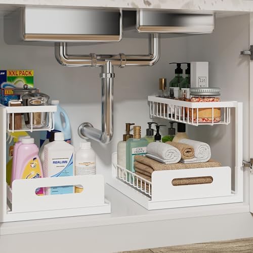 Under Sink Organizer, L-Shaped 2 Tier Pull Out Cabinet Organizer | Slide Out Under Cabinet Storage, For Kitchen and Bathroom, Metal Under Sink Storage with Sliding Drawer, 50 lbs, White 2 Pack|B0CFQFMC4F