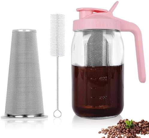 Cold Brew Coffee Maker, 64 oz Mason Jar Pitcher with Stainless Steel Filter, Pour Spout Handle Lid, Airtight & Leak-Proof for Iced Coffee,Tea & Lemonade|B0CGWS1M51