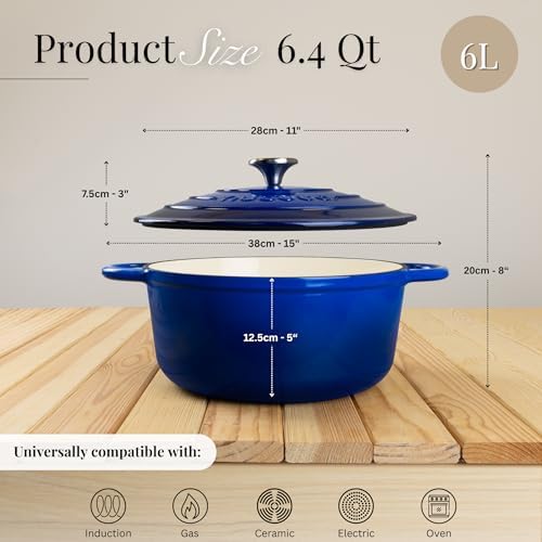 Nuovva Enamelled Cast Iron Dutch Oven Pot with Lid-6.4 Quart Non Stick Casserole Pot-Heavy Duty & Oven Safe up to 500° F for Bread Baking, Braising, Stews, Roasting - 28cm Dark Blue|B0CHWJG1M1