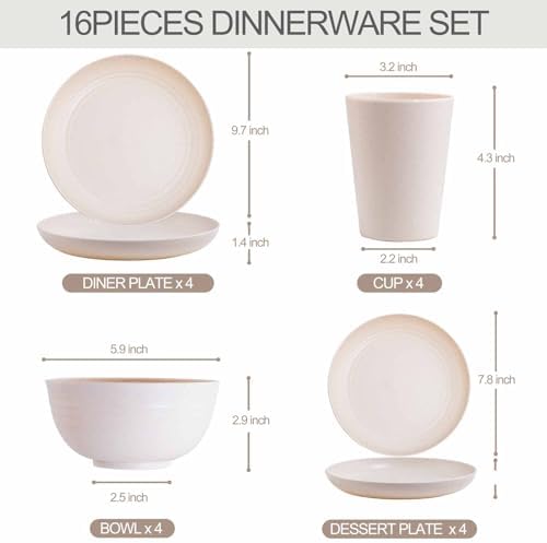 Rubtlamp Wheat Straw Dinnerware Sets, 16PCS Plastic Dinnerware Set for 4, Wheat Straw Plates and Bowls Sets, Unbreakable Dinnerware Plastic Microwave Safe Dishes Set for Kitchen&Camping|B0CJ22C9MB