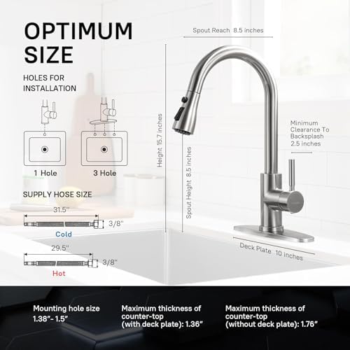 WEWE High-Arc Pull-Down Kitchen Faucet, Brushed Nickel, 3-Mode Sprayer | Soft Silicone Nozzles, Easy to Rub Clean, 360° Swivel, 20-Inch Pull-Down Reach, SUS 304, 1- or 3-Hole Fit, Ceramic Cartridge|B01H3OMH7Y