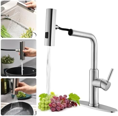 WEWE High-Arc Pull-Down Kitchen Faucet, Brushed Nickel, 3-Mode Sprayer | Soft Silicone Nozzles, Easy to Rub Clean, 360° Swivel, 20-Inch Pull-Down Reach, SUS 304, 1- or 3-Hole Fit, Ceramic Cartridge|B01H3OMH7Y
