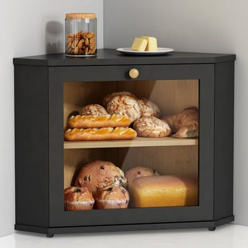 Goozii Corner Bread Box for Kitchen Countertop, Black Bread Storage Container for Homemade Bread, Two Layer Breadbox under Cabinet Mount, Large Bread Holder for Kitchen Counter, Pantry Shelf|B0CP3L9TZW