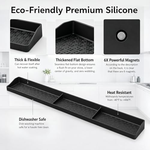 30" Magnetic Stove Top Shelf, Silicone Over the Stove Spice Rack Organizer | Heat Resistant Silicone, Anti-Rattle No-Scratch Range Shelf, 3 Functional Partitions Kitchen Storage for Spices|B0BWQQTD7T