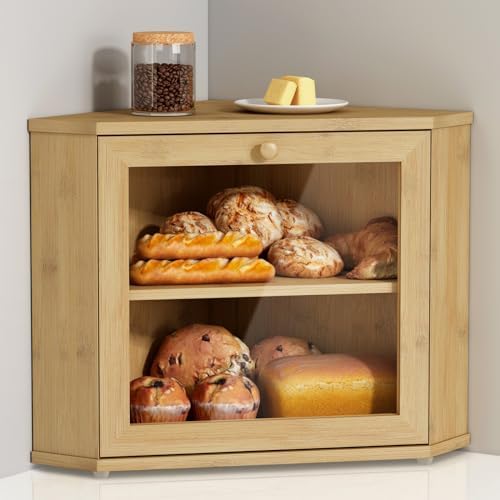 Goozii Corner Bread Box for Kitchen Countertop, Black Bread Storage Container for Homemade Bread, Two Layer Breadbox under Cabinet Mount, Large Bread Holder for Kitchen Counter, Pantry Shelf|B0CP3L9TZW
