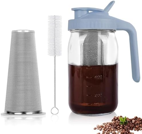 Cold Brew Coffee Maker, 64 oz Mason Jar Pitcher with Stainless Steel Filter, Pour Spout Handle Lid, Airtight & Leak-Proof for Iced Coffee,Tea & Lemonade|B0CGWS1M51