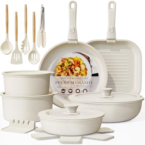 Astercook 21 Pcs Pots and Pans Set Non Stick, Ceramic Cookware Set Detachable Handle, RV Kitchen Cooking Set Removable Handles, Oven Safe, Induction Ready, Stackable, Black, Fathers Day Gift for Men|B0F2937DQQ