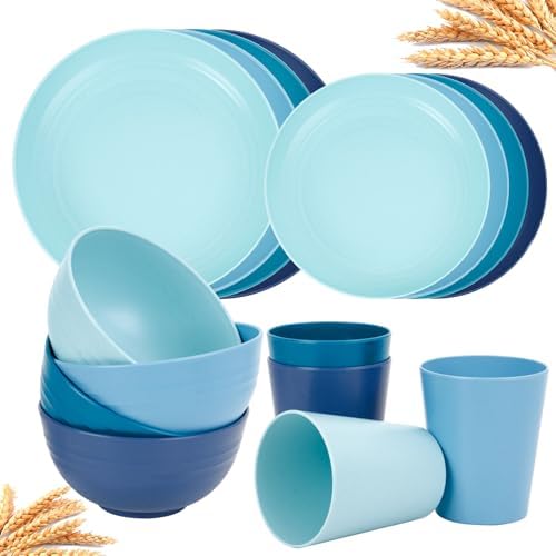 Rubtlamp Wheat Straw Dinnerware Sets, 16PCS Plastic Dinnerware Set for 4, Wheat Straw Plates and Bowls Sets, Unbreakable Dinnerware Plastic Microwave Safe Dishes Set for Kitchen&Camping|B0CJ22C9MB