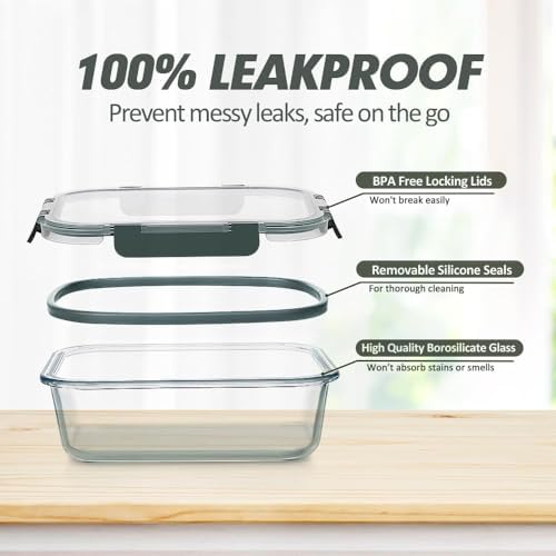 VERONES 12 Packs Glass Food Storage Containers Set with Lids, Grey | Airtight Glass Lunch Containers, Glass Meal Prep Containers with Lids, for Microwave, Oven, Freezer & Dishwasher Friendly|B0BZS66X6R