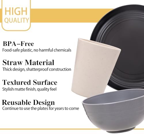 Rubtlamp Wheat Straw Dinnerware Sets, 16PCS Plastic Dinnerware Set for 4, Wheat Straw Plates and Bowls Sets, Unbreakable Dinnerware Plastic Microwave Safe Dishes Set for Kitchen&Camping|B0CJ22C9MB