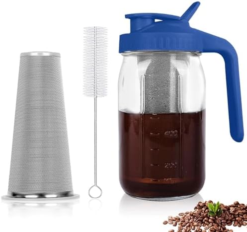Cold Brew Coffee Maker, 64 oz Mason Jar Pitcher with Stainless Steel Filter, Pour Spout Handle Lid, Airtight & Leak-Proof for Iced Coffee,Tea & Lemonade|B0CGWS1M51