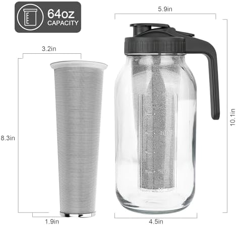 Cold Brew Coffee Maker, 64 oz Mason Jar Pitcher with Stainless Steel Filter, Pour Spout Handle Lid, Airtight & Leak-Proof for Iced Coffee,Tea & Lemonade|B0CGWS1M51