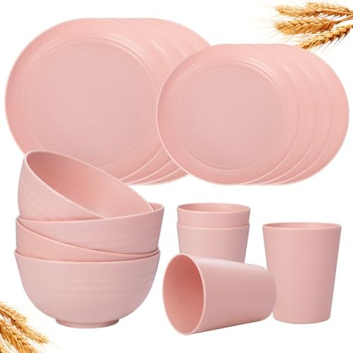 Rubtlamp Wheat Straw Dinnerware Sets, 16PCS Plastic Dinnerware Set for 4, Wheat Straw Plates and Bowls Sets, Unbreakable Dinnerware Plastic Microwave Safe Dishes Set for Kitchen&Camping|B0CJ22C9MB