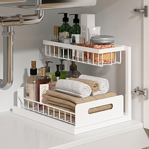 Under Sink Organizer, L-Shaped 2 Tier Pull Out Cabinet Organizer | Slide Out Under Cabinet Storage, For Kitchen and Bathroom, Metal Under Sink Storage with Sliding Drawer, 50 lbs, White 2 Pack|B0CFQFMC4F