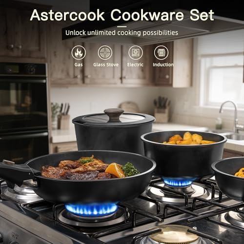 Astercook 21 Pcs Pots and Pans Set Non Stick, Ceramic Cookware Set Detachable Handle, RV Kitchen Cooking Set Removable Handles, Oven Safe, Induction Ready, Stackable, Black, Fathers Day Gift for Men|B0F2937DQQ