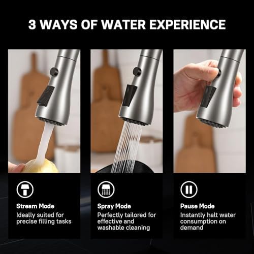 WEWE High-Arc Pull-Down Kitchen Faucet, Brushed Nickel, 3-Mode Sprayer | Soft Silicone Nozzles, Easy to Rub Clean, 360° Swivel, 20-Inch Pull-Down Reach, SUS 304, 1- or 3-Hole Fit, Ceramic Cartridge|B01H3OMH7Y