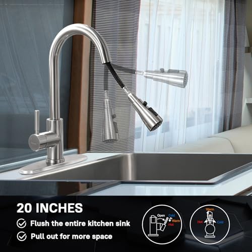 WEWE High-Arc Pull-Down Kitchen Faucet, Brushed Nickel, 3-Mode Sprayer | Soft Silicone Nozzles, Easy to Rub Clean, 360° Swivel, 20-Inch Pull-Down Reach, SUS 304, 1- or 3-Hole Fit, Ceramic Cartridge|B01H3OMH7Y