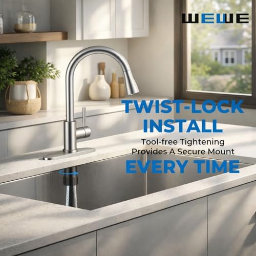 WEWE High-Arc Pull-Down Kitchen Faucet, Brushed Nickel, 3-Mode Sprayer | Soft Silicone Nozzles, Easy to Rub Clean, 360° Swivel, 20-Inch Pull-Down Reach, SUS 304, 1- or 3-Hole Fit, Ceramic Cartridge|B01H3OMH7Y