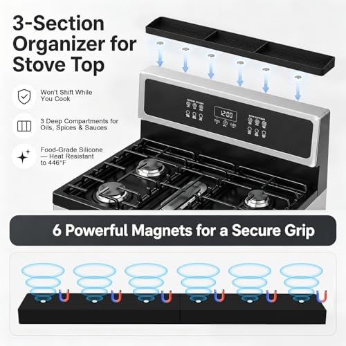 30" Magnetic Stove Top Shelf, Silicone Over the Stove Spice Rack Organizer | Heat Resistant Silicone, Anti-Rattle No-Scratch Range Shelf, 3 Functional Partitions Kitchen Storage for Spices|B0BWQQTD7T