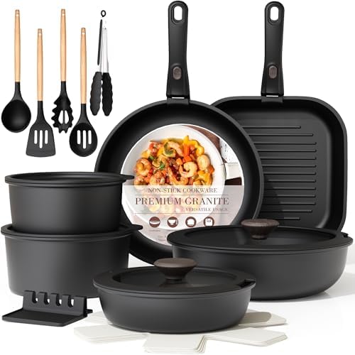 Astercook 21 Pcs Pots and Pans Set Non Stick, Ceramic Cookware Set Detachable Handle, RV Kitchen Cooking Set Removable Handles, Oven Safe, Induction Ready, Stackable, Black, Fathers Day Gift for Men|B0F2937DQQ