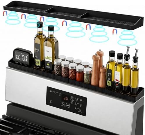 30" Magnetic Stove Top Shelf, Silicone Over the Stove Spice Rack Organizer | Heat Resistant Silicone, Anti-Rattle No-Scratch Range Shelf, 3 Functional Partitions Kitchen Storage for Spices|B0BWQQTD7T
