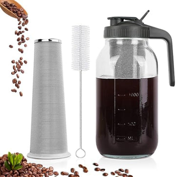 Cold Brew Coffee Maker, 64 oz Mason Jar Pitcher with Stainless Steel Filter, Pour Spout Handle Lid, Airtight & Leak-Proof for Iced Coffee,Tea & Lemonade|B0CGWS1M51