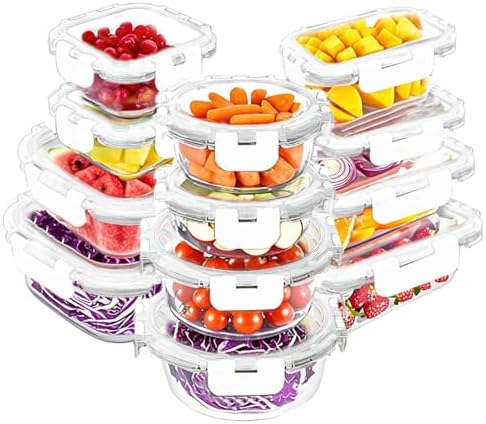VERONES 12 Packs Glass Food Storage Containers Set with Lids, Grey | Airtight Glass Lunch Containers, Glass Meal Prep Containers with Lids, for Microwave, Oven, Freezer & Dishwasher Friendly|B0BZS66X6R