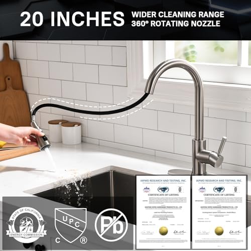 WEWE High-Arc Pull-Down Kitchen Faucet, Brushed Nickel, 3-Mode Sprayer | Soft Silicone Nozzles, Easy to Rub Clean, 360° Swivel, 20-Inch Pull-Down Reach, SUS 304, 1- or 3-Hole Fit, Ceramic Cartridge|B01H3OMH7Y