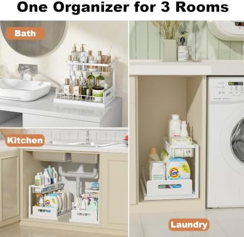 Under Sink Organizer, L-Shaped 2 Tier Pull Out Cabinet Organizer | Slide Out Under Cabinet Storage, For Kitchen and Bathroom, Metal Under Sink Storage with Sliding Drawer, 50 lbs, White 2 Pack|B0CFQFMC4F