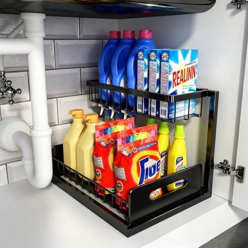 Under Sink Organizer, L-Shaped 2 Tier Pull Out Cabinet Organizer | Slide Out Under Cabinet Storage, For Kitchen and Bathroom, Metal Under Sink Storage with Sliding Drawer, 50 lbs, White 2 Pack|B0CFQFMC4F