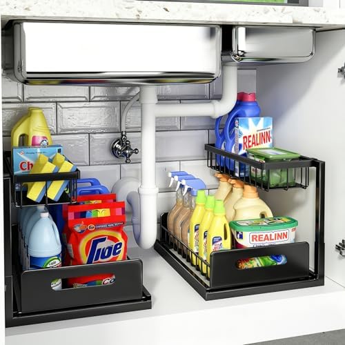Under Sink Organizer, L-Shaped 2 Tier Pull Out Cabinet Organizer | Slide Out Under Cabinet Storage, For Kitchen and Bathroom, Metal Under Sink Storage with Sliding Drawer, 50 lbs, White 2 Pack|B0CFQFMC4F