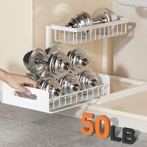 Under Sink Organizer, L-Shaped 2 Tier Pull Out Cabinet Organizer | Slide Out Under Cabinet Storage, For Kitchen and Bathroom, Metal Under Sink Storage with Sliding Drawer, 50 lbs, White 2 Pack|B0CFQFMC4F