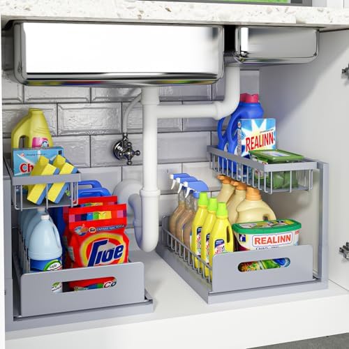 Under Sink Organizer, L-Shaped 2 Tier Pull Out Cabinet Organizer | Slide Out Under Cabinet Storage, For Kitchen and Bathroom, Metal Under Sink Storage with Sliding Drawer, 50 lbs, White 2 Pack|B0CFQFMC4F