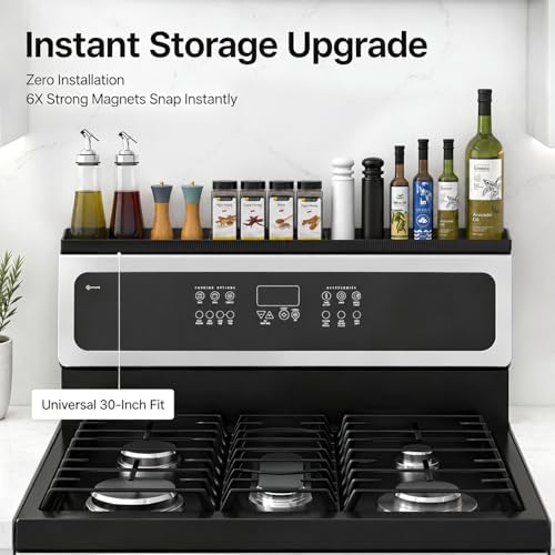 30" Magnetic Stove Top Shelf, Silicone Over the Stove Spice Rack Organizer | Heat Resistant Silicone, Anti-Rattle No-Scratch Range Shelf, 3 Functional Partitions Kitchen Storage for Spices|B0BWQQTD7T