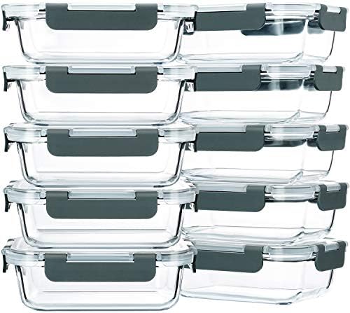 M MCIRCO 10 Pack,22 oz Glass Food Storage Containers with lids, Gray | Glass Meal Prep Containers,Airtight Lunch Containers with Lids, Microwave, Oven, Freezer and Dishwasher Friendly, BPA Free|B07HRRV96C