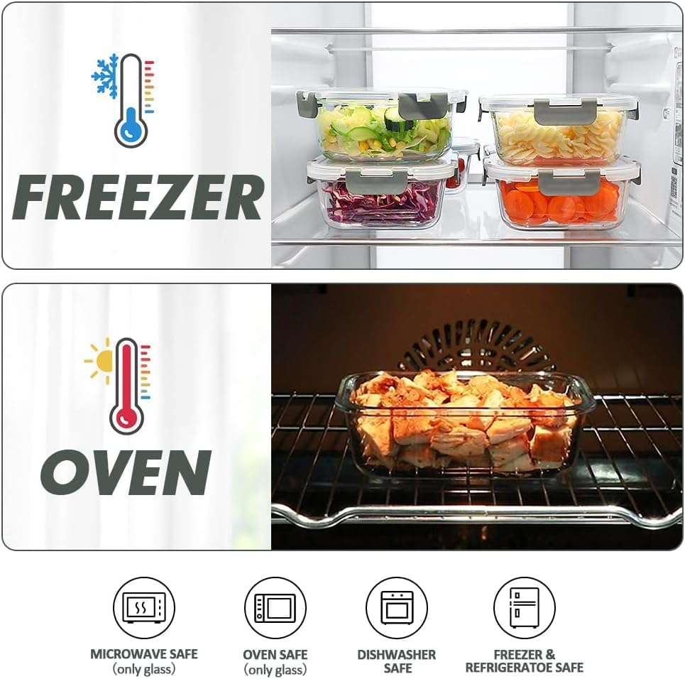 VERONES 12 Packs Glass Food Storage Containers Set with Lids, Grey | Airtight Glass Lunch Containers, Glass Meal Prep Containers with Lids, for Microwave, Oven, Freezer & Dishwasher Friendly|B0BZS66X6R